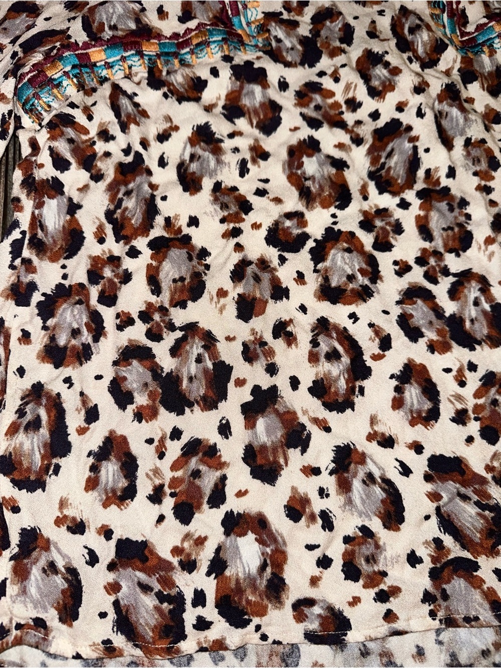 Savanna Jane Cream Leopard Print Blouse with Turquoise Trim Balloon Sleeves L - Picture 4 of 8